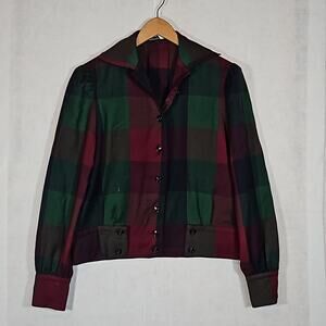 Vintage Adele Simpson Red Green Plaid Blouse 100% Wool 80s Shoulder Pads Sz 6